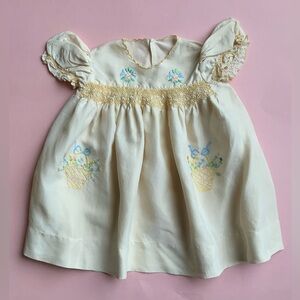 Vintage Silk Baby Dress with Embroidered Baskets